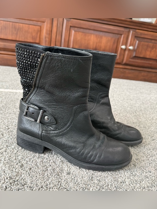 Gianni Bini Shoes - Gianni Bini Black Leather Rhinestones Combat Moto Pull On Boots Women’s US 9M